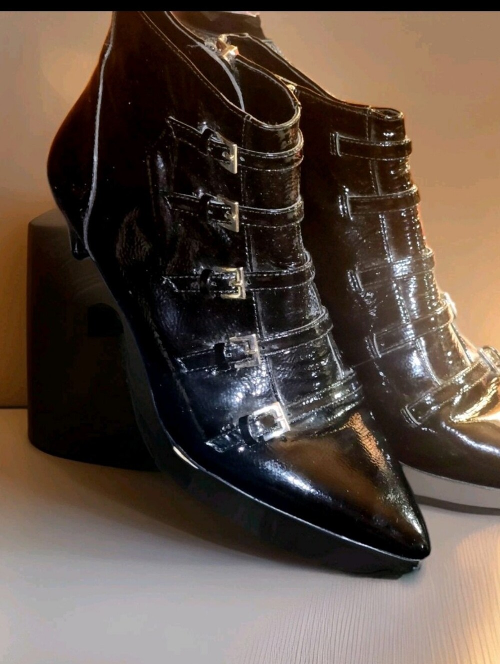 Nine West Black Patent Pointed Ankle Boots with Buckle Straps - Women